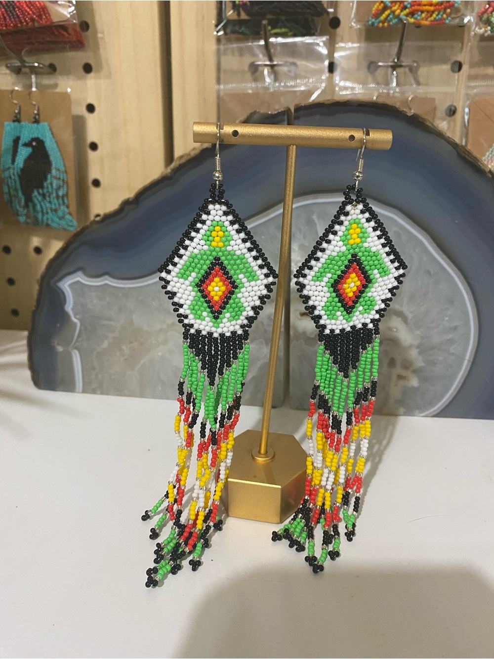 Handmade Green Multicolor Beaded Fringe Earrings - Boho Statement